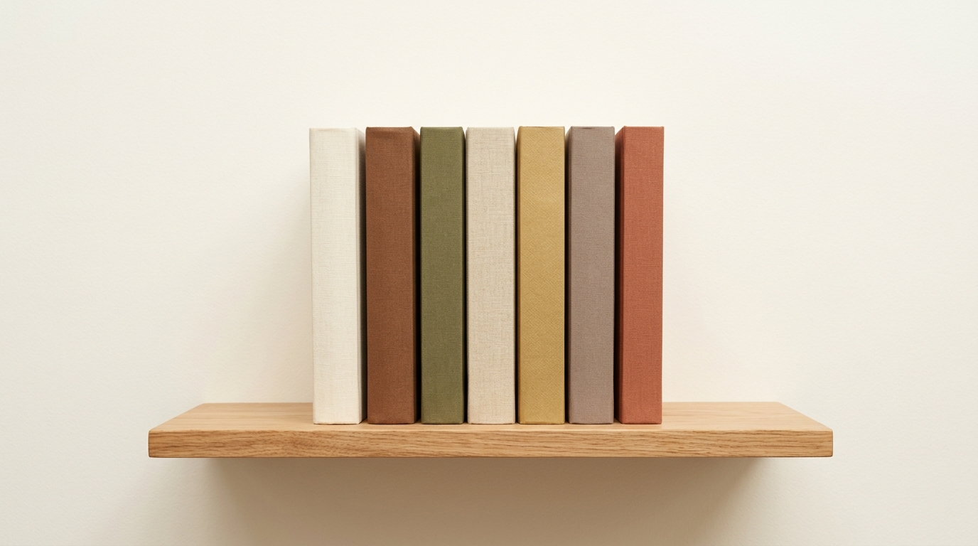 Neat row of books on a wooden shelf
