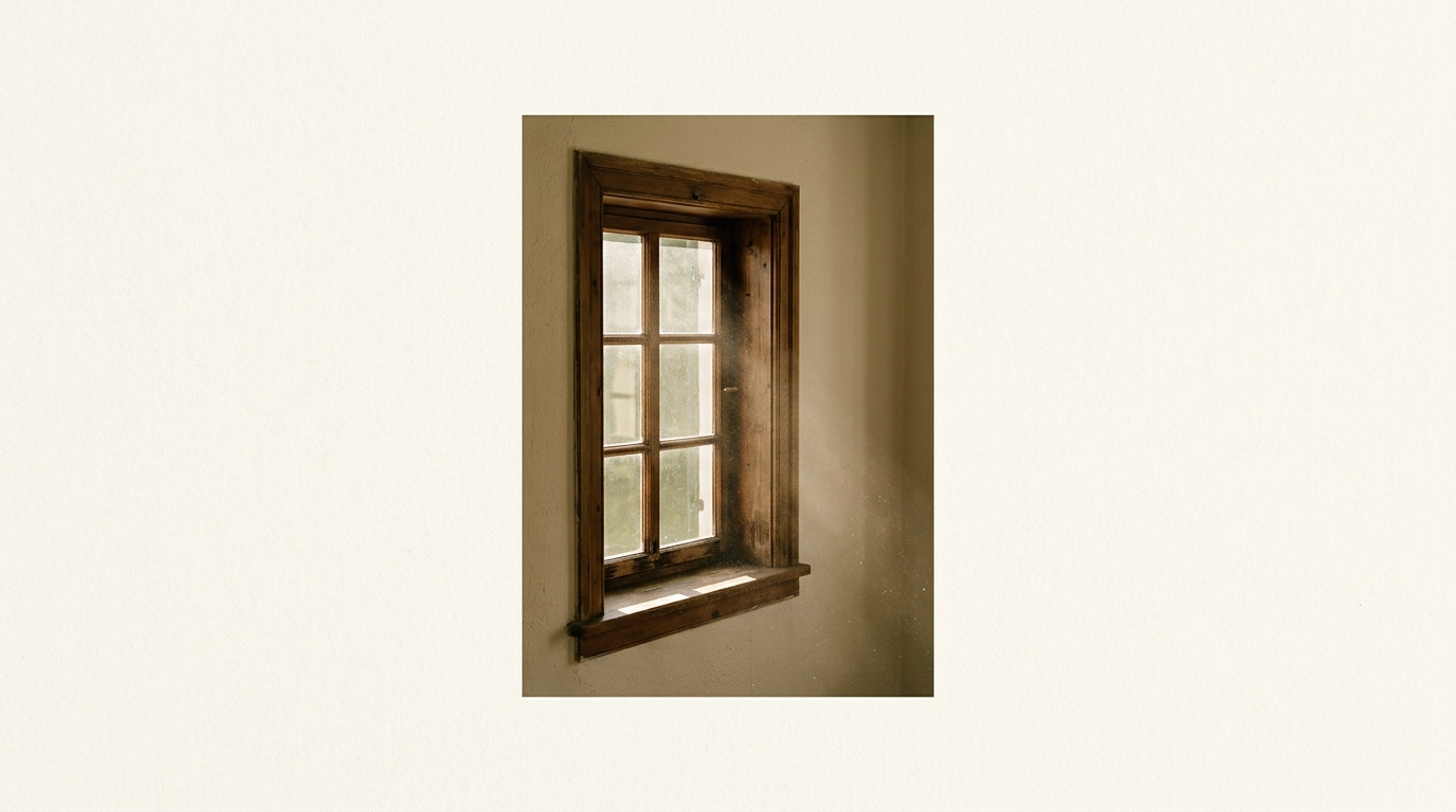 Warm light streaming through a wooden window frame
