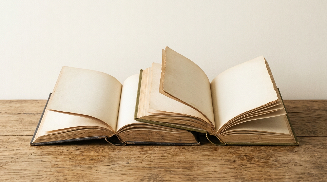 Open books overlapping on a wooden desk