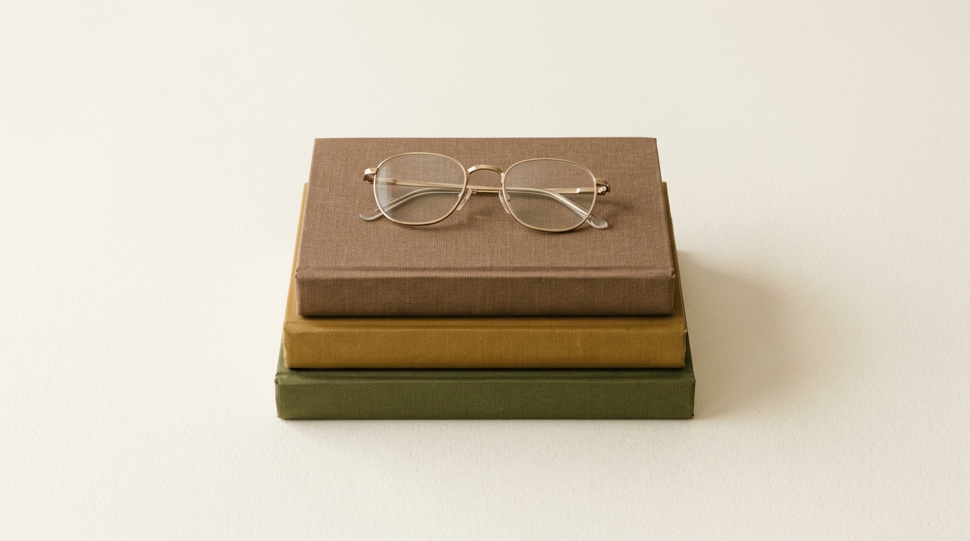 Stack of books in warm tones on cream background