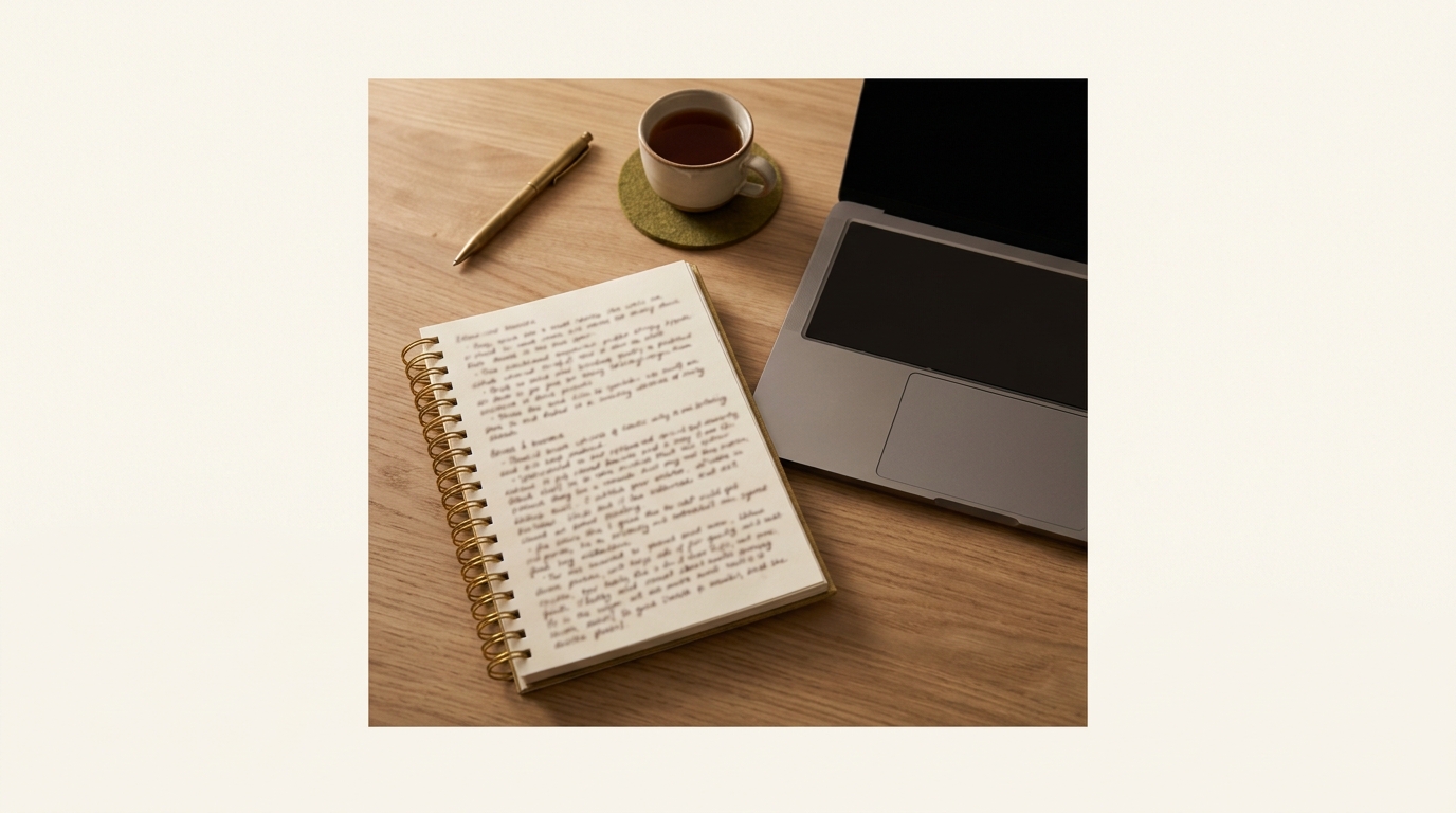 Notebook with handwritten notes beside a laptop