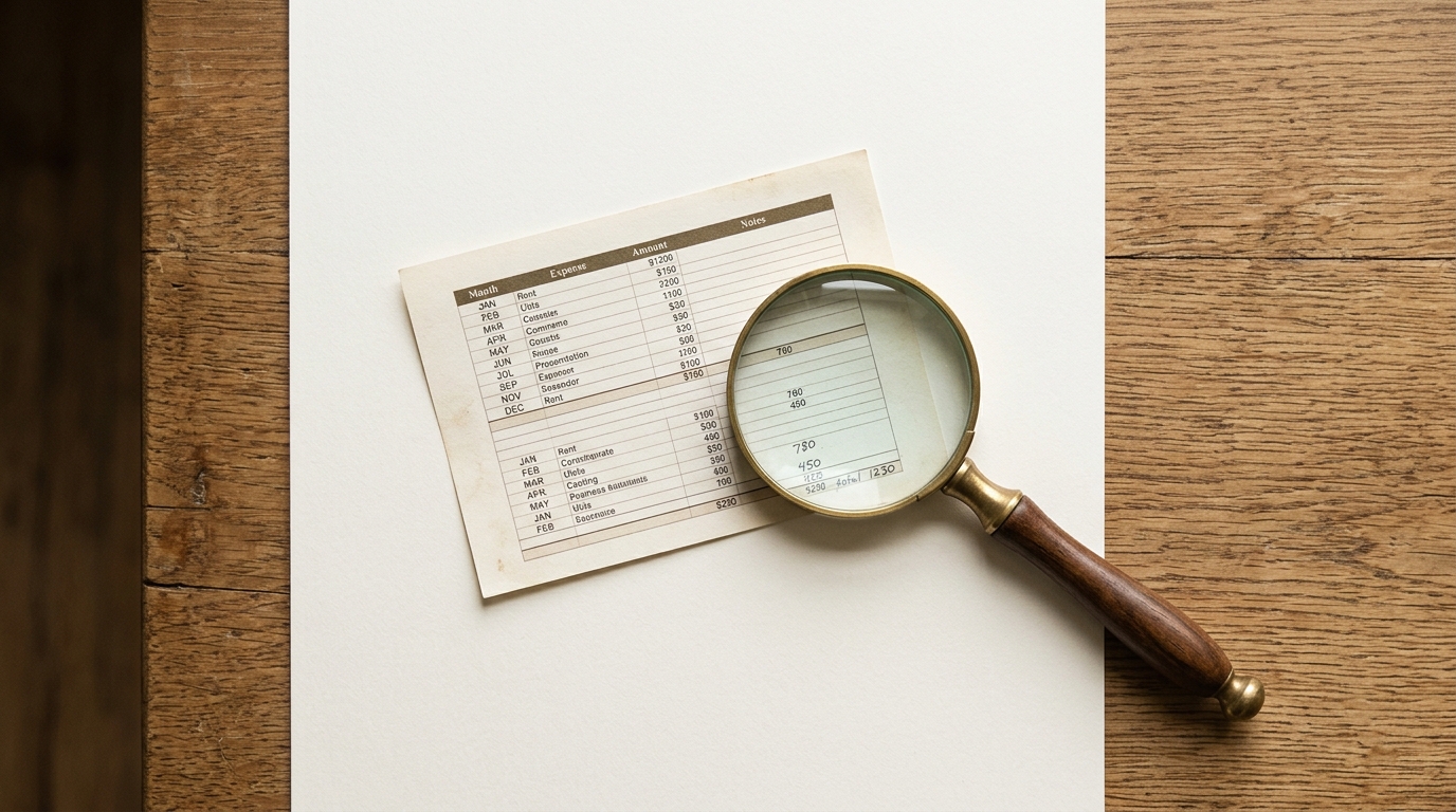 Spreadsheet and magnifying glass