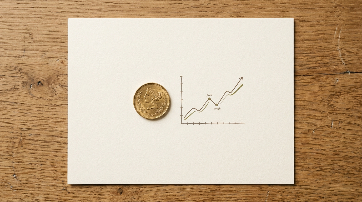 Gold coin and chart on desk