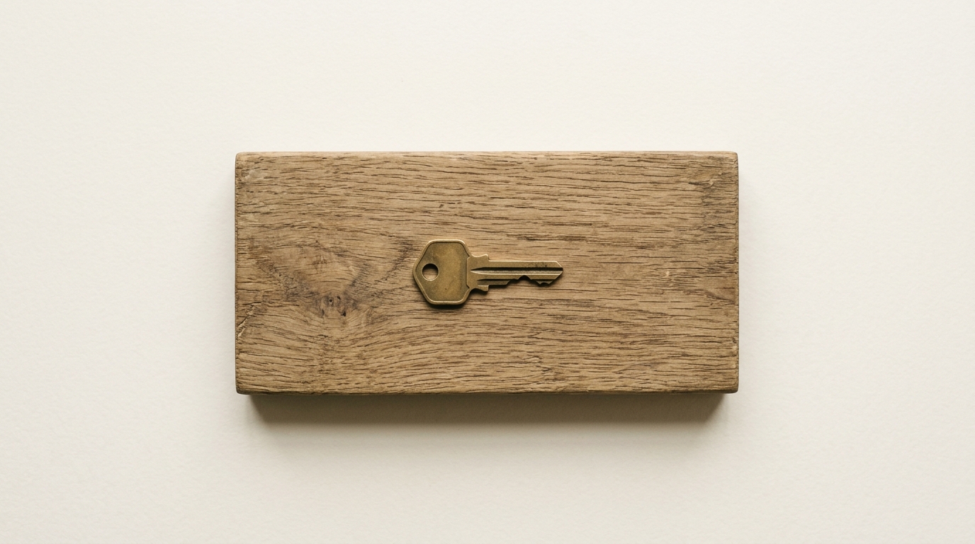 Brass house key on wood