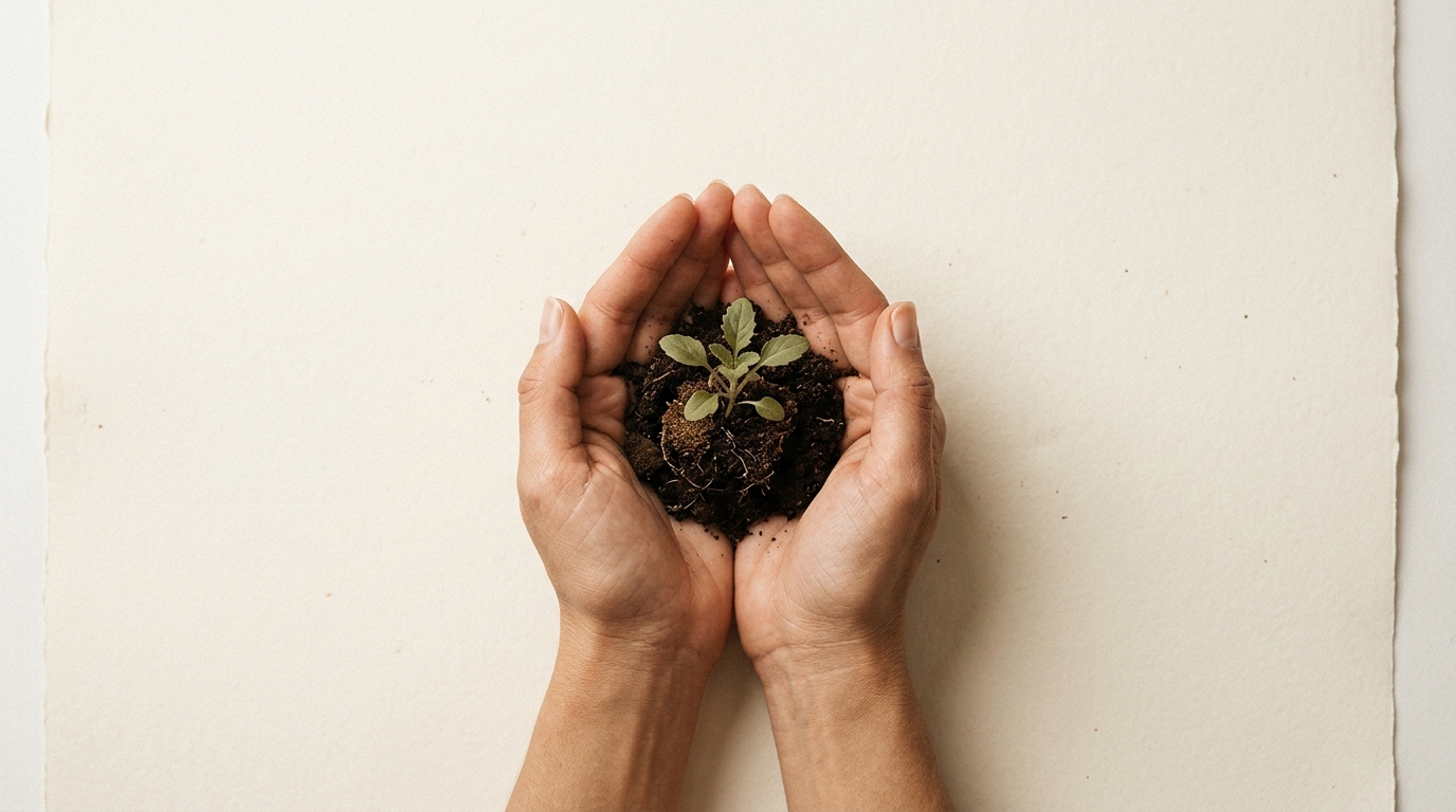 Hands holding a seedling