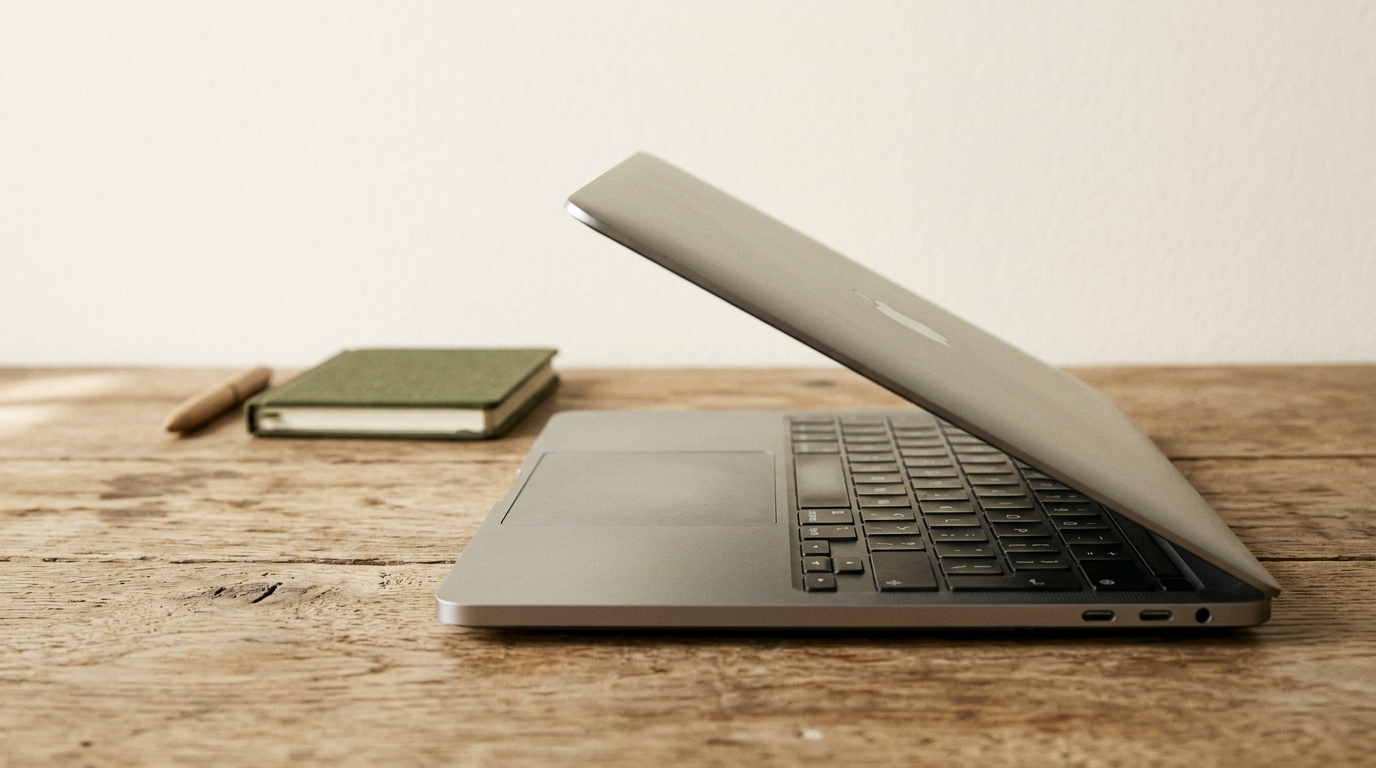 Laptop keyboard on wooden desk