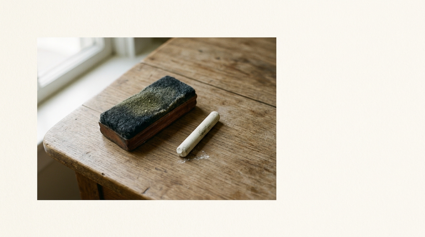 Chalk and eraser on wooden surface