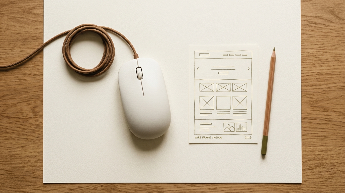 Mouse beside wireframe sketch
